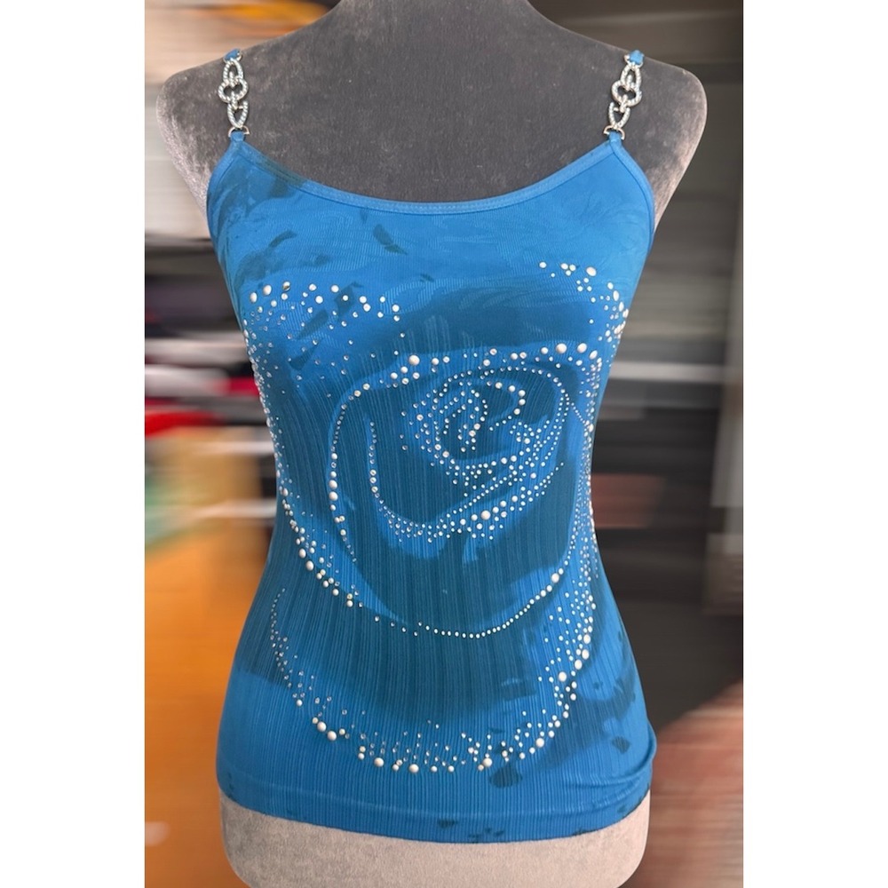 Deadstock Y2K M USA Rhinestone Chain Strap Rose Tank Top Ribbed